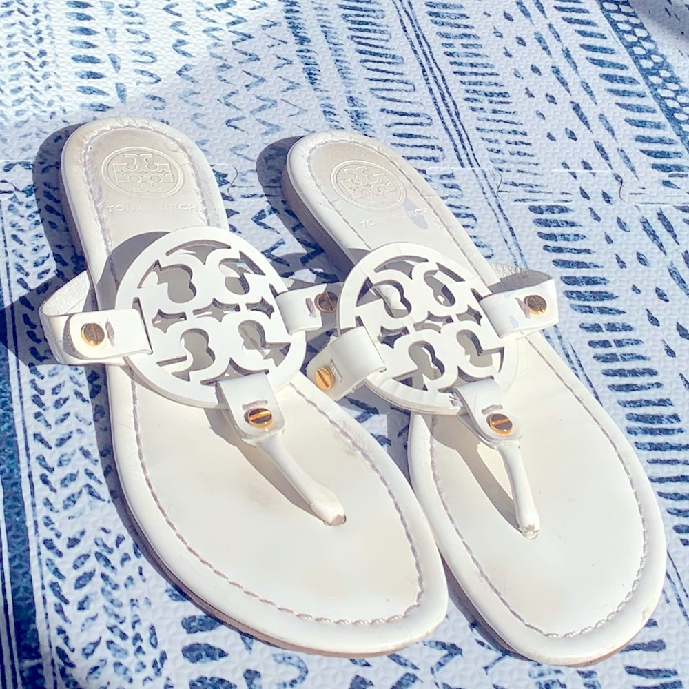Tory Burch White Patent Leather Slides